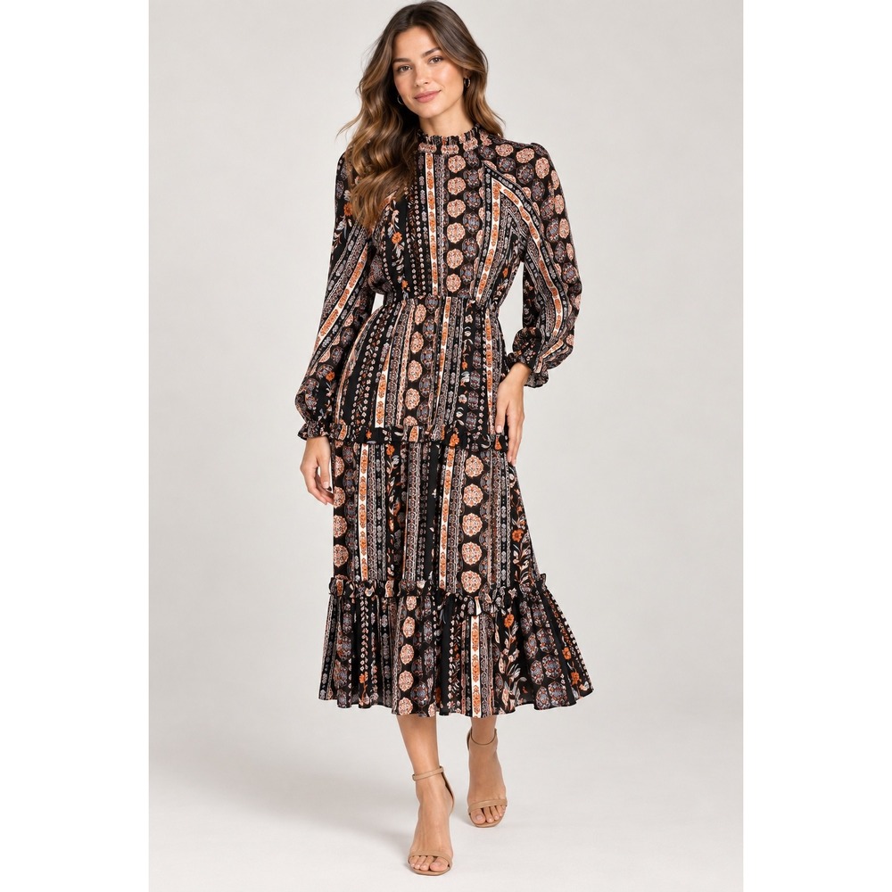 Tahari Midi Dress Womens Small Black Floral Boho Tiered Long Sleeve V-Neck
